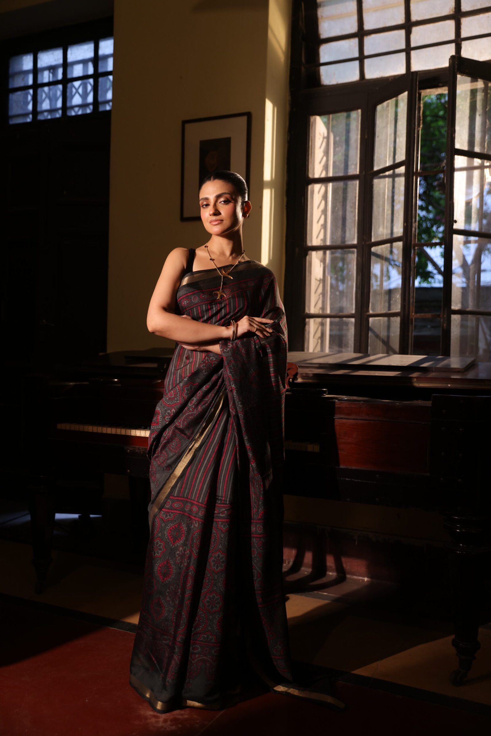 Midnight Black & Crimson Red Strip Ajrakh Kaju Silk Saree with Zari Border - Image 5