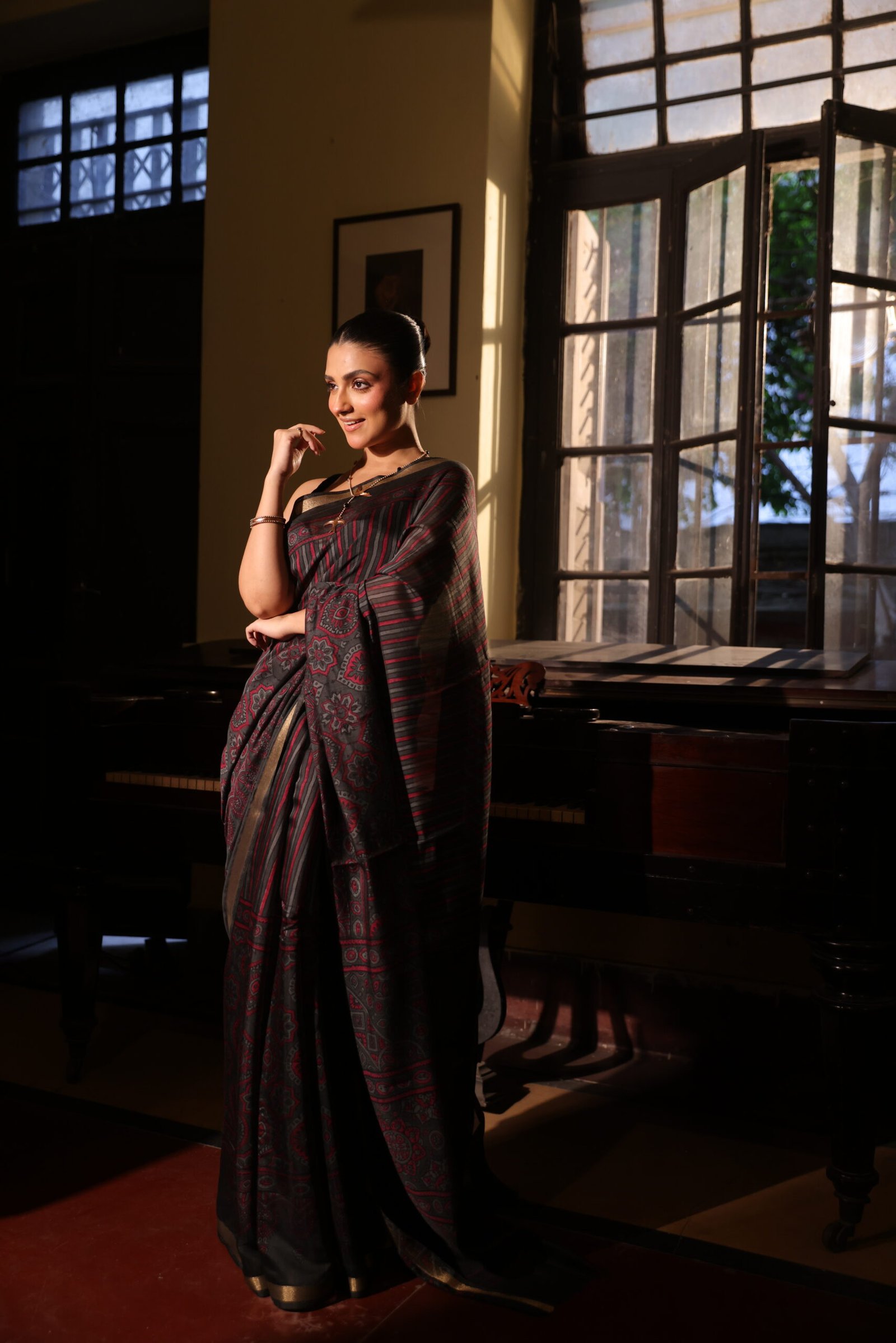 Midnight Black & Crimson Red Strip Ajrakh Kaju Silk Saree with Zari Border - Image 6
