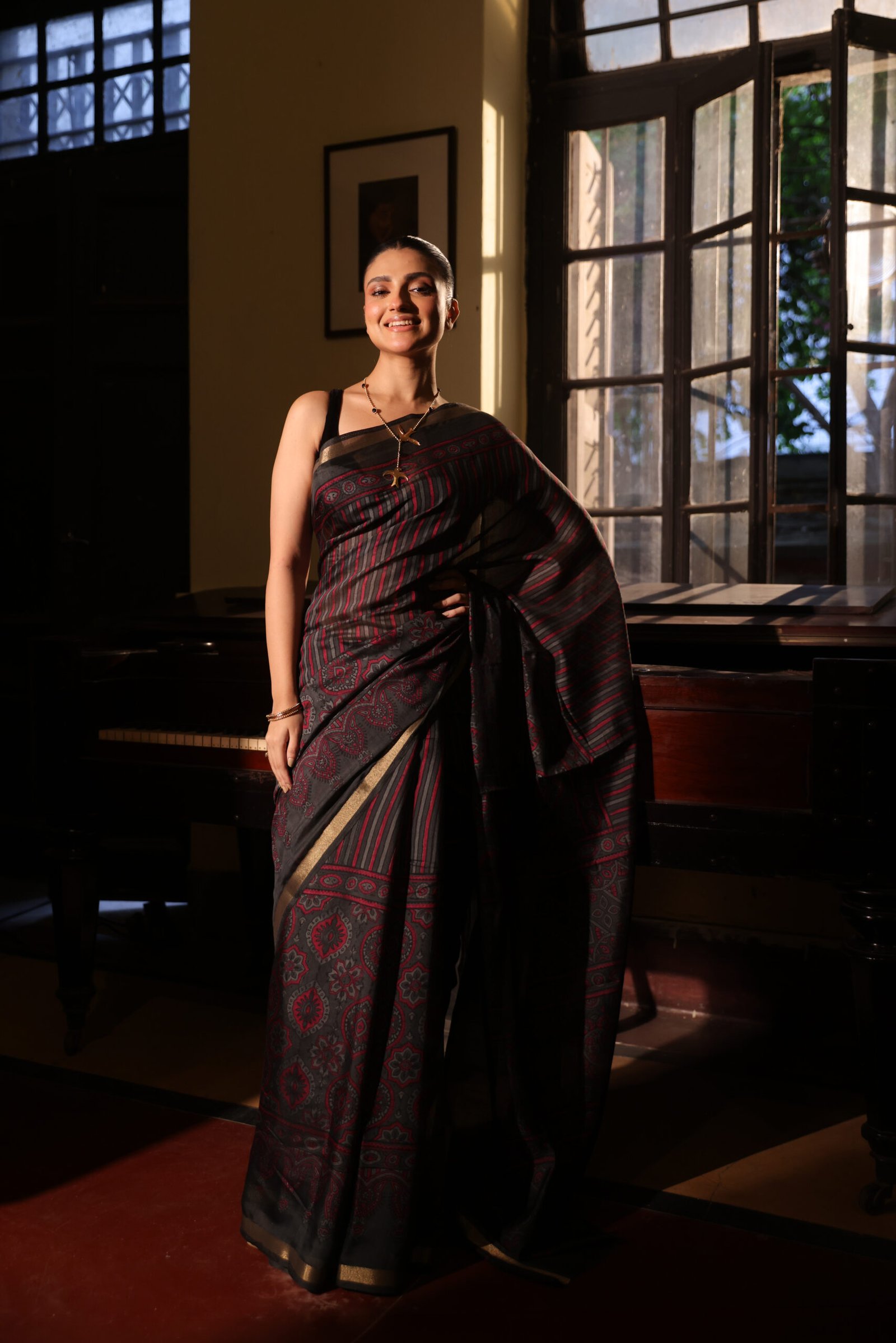 Midnight Black & Crimson Red Strip Ajrakh Kaju Silk Saree with Zari Border - Image 3