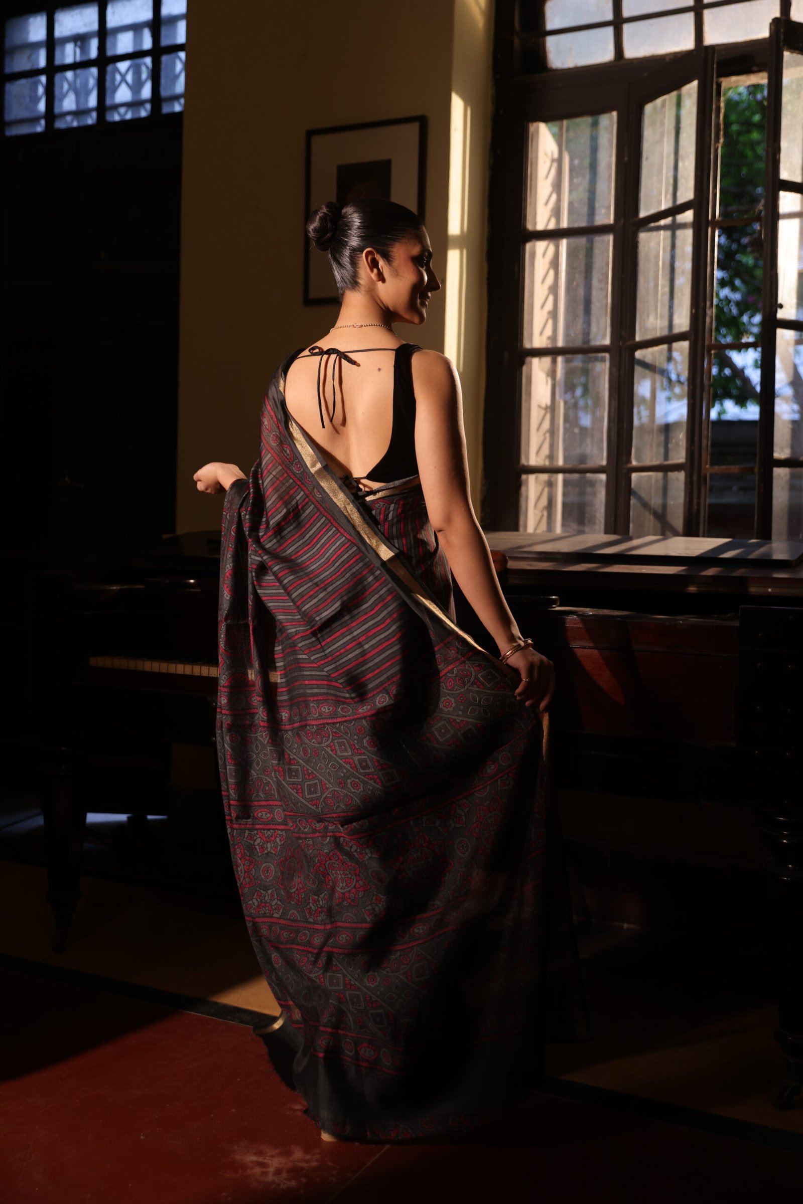 Midnight Black & Crimson Red Strip Ajrakh Kaju Silk Saree with Zari Border - Image 2