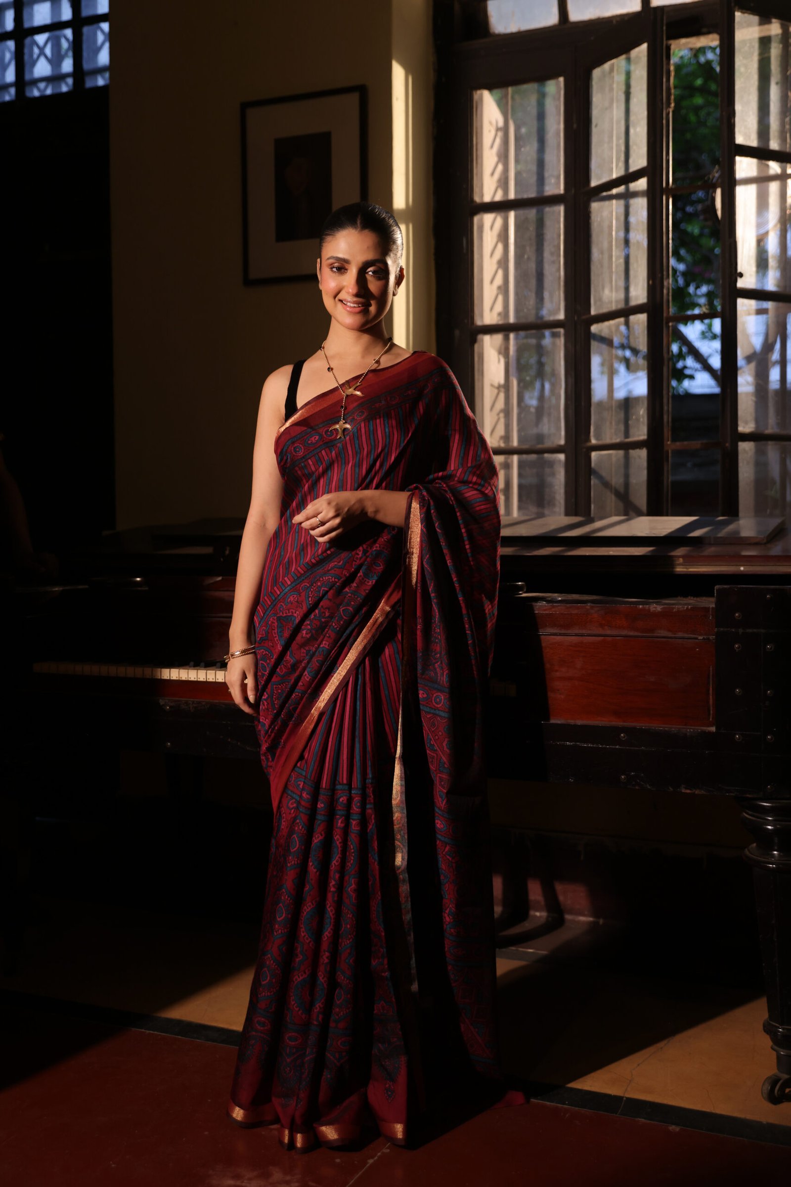Regal Wine & Indigo Strip Ajrakh Kaju Silk Saree with Zari Border - Image 2