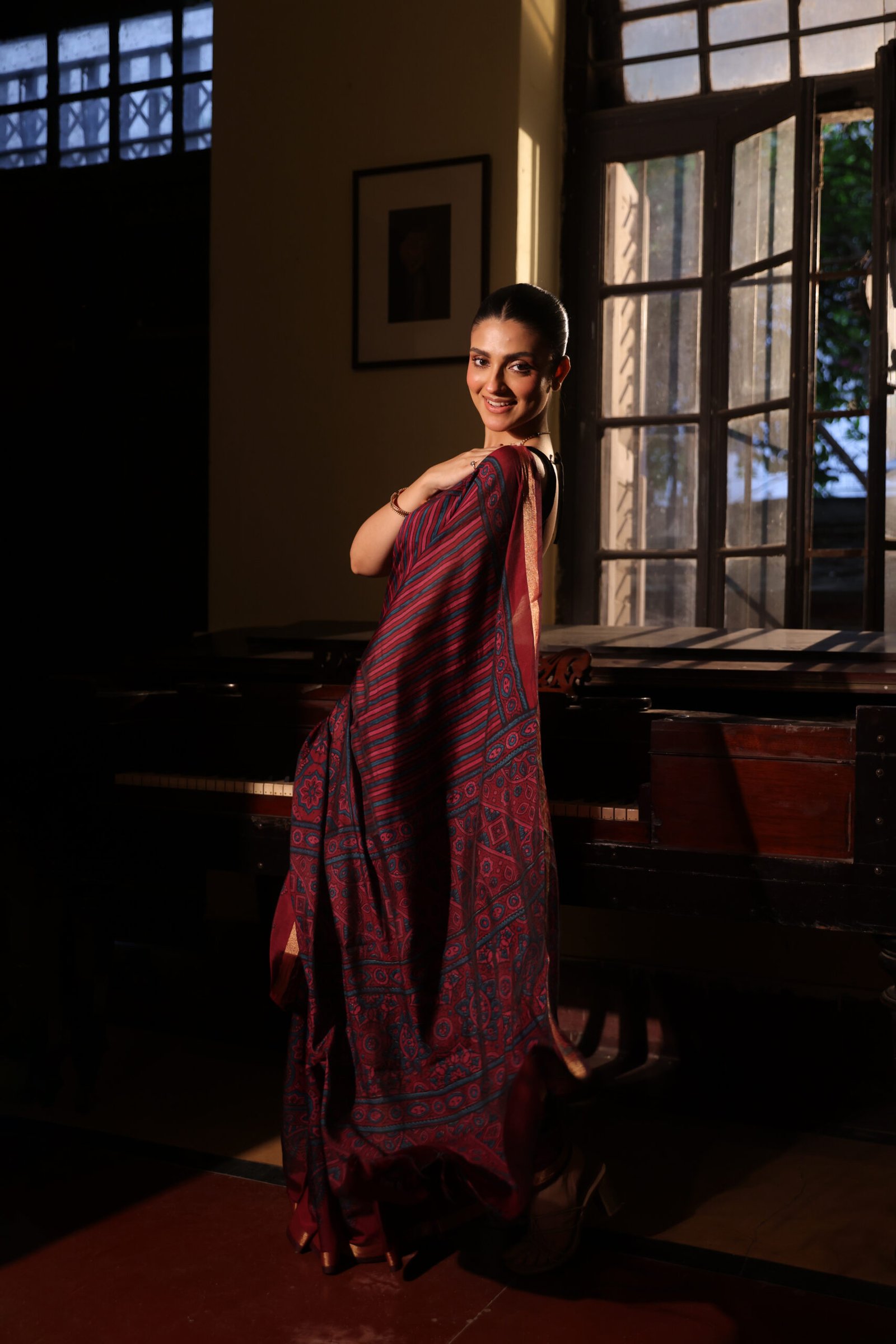 Regal Wine & Indigo Strip Ajrakh Kaju Silk Saree with Zari Border - Image 5