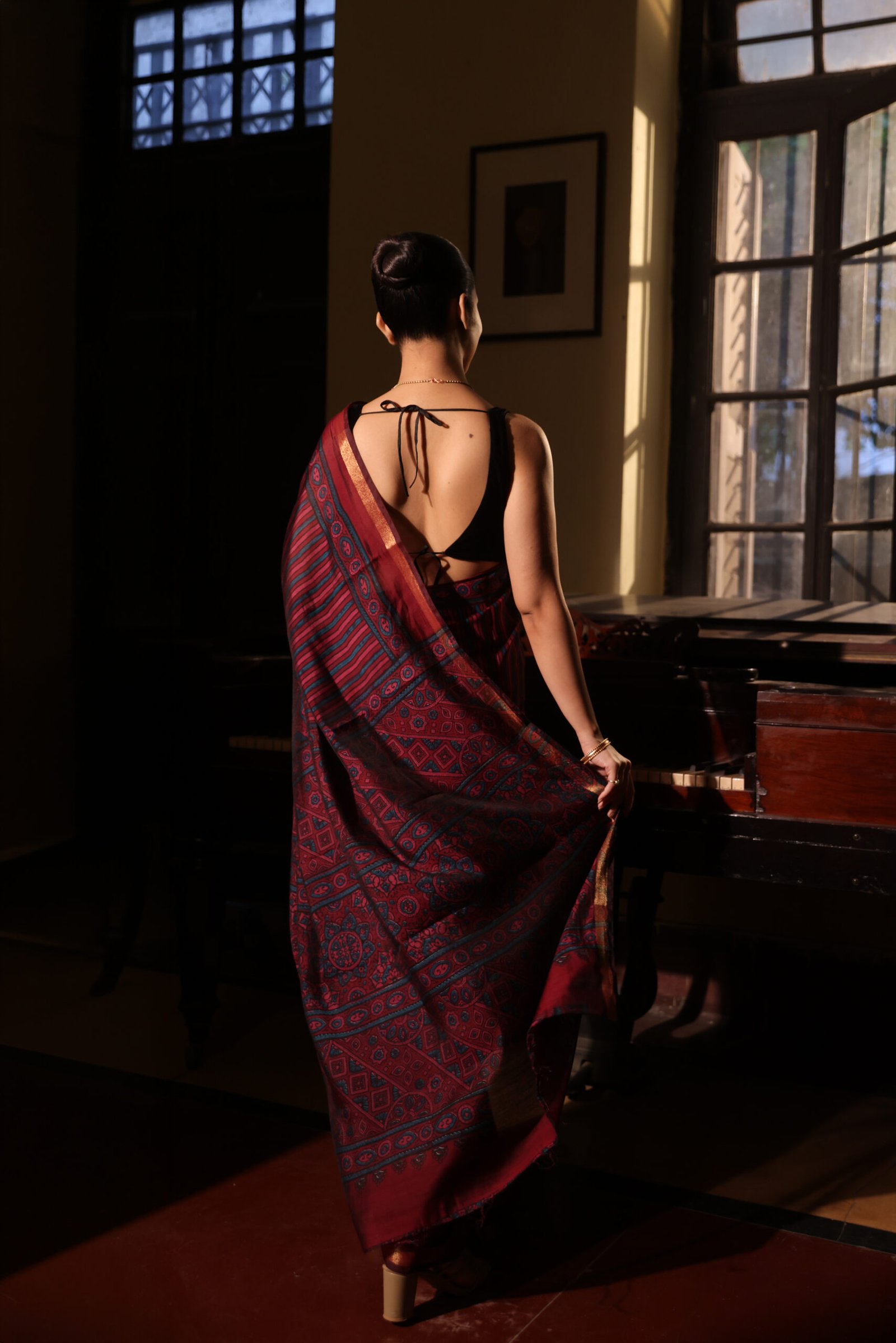 Regal Wine & Indigo Strip Ajrakh Kaju Silk Saree with Zari Border - Image 4