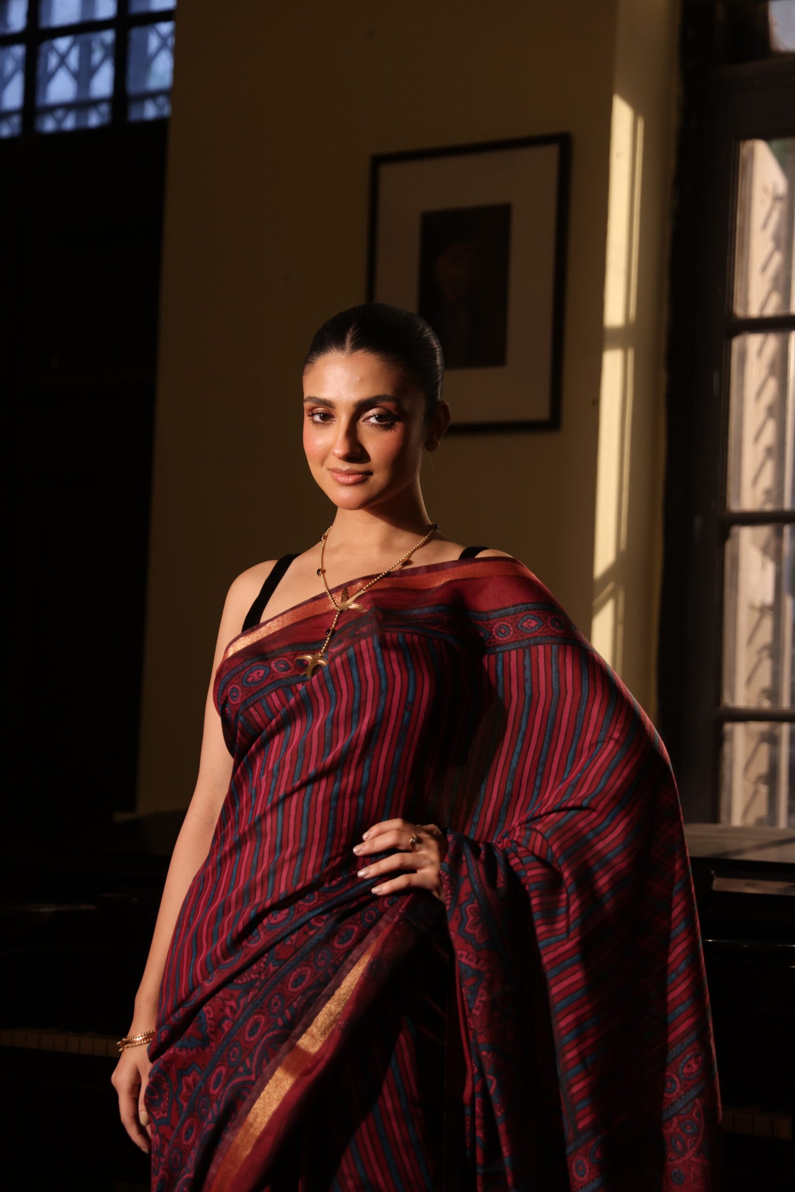 Regal Wine & Indigo Strip Ajrakh Kaju Silk Saree with Zari Border - Image 3