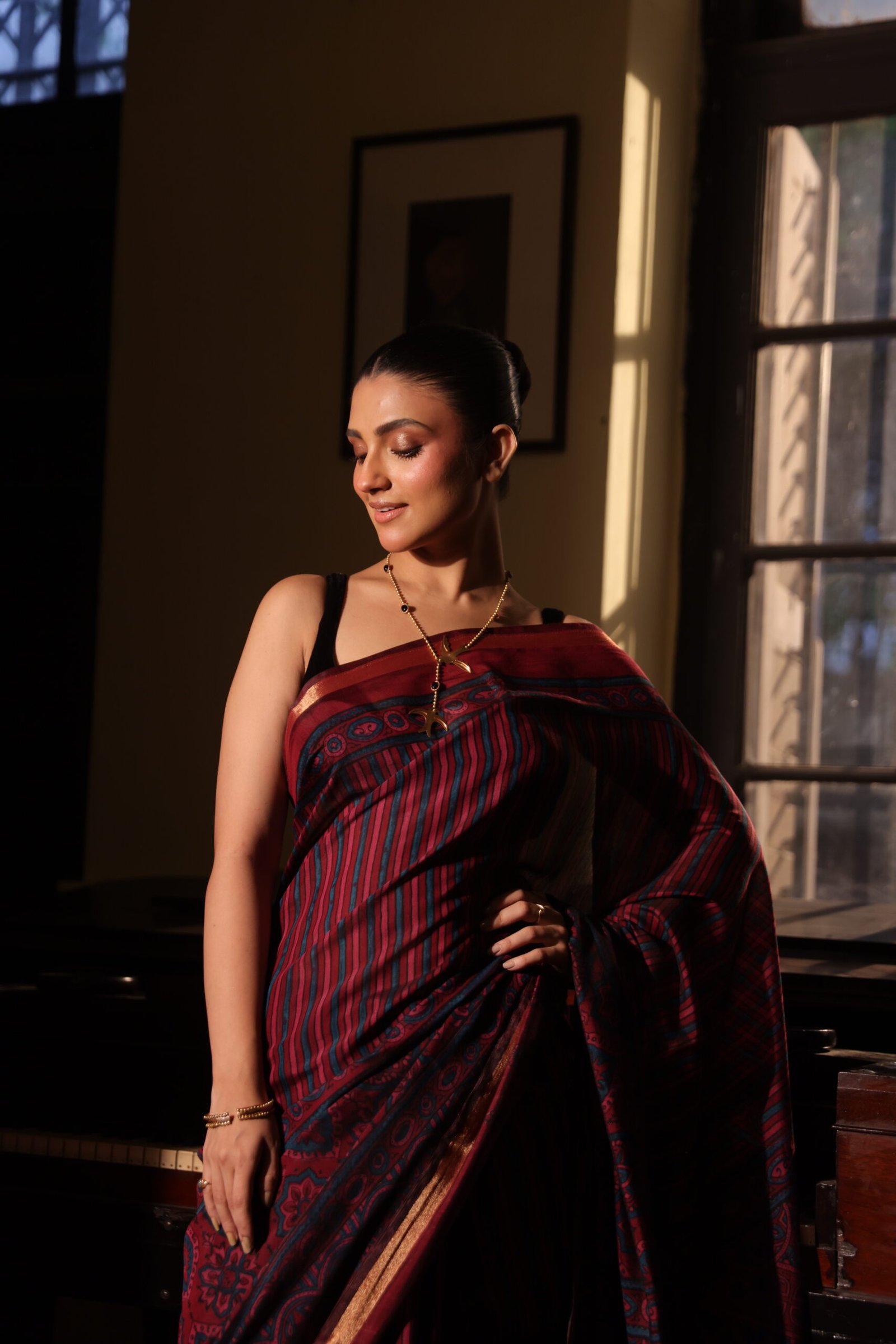 Regal Wine & Indigo Strip Ajrakh Kaju Silk Saree with Zari Border - Image 6