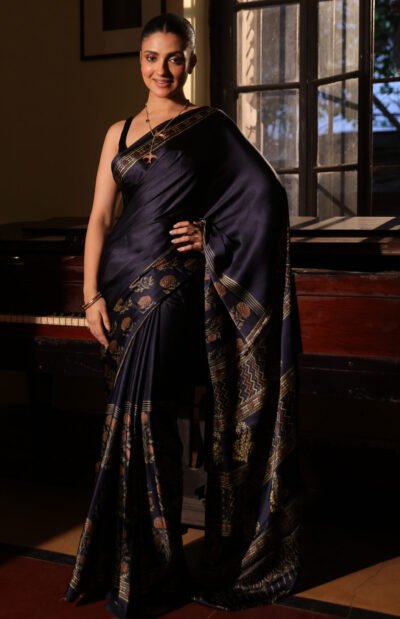 Midnight Blue dotted Ajrakh Modal Silk Saree