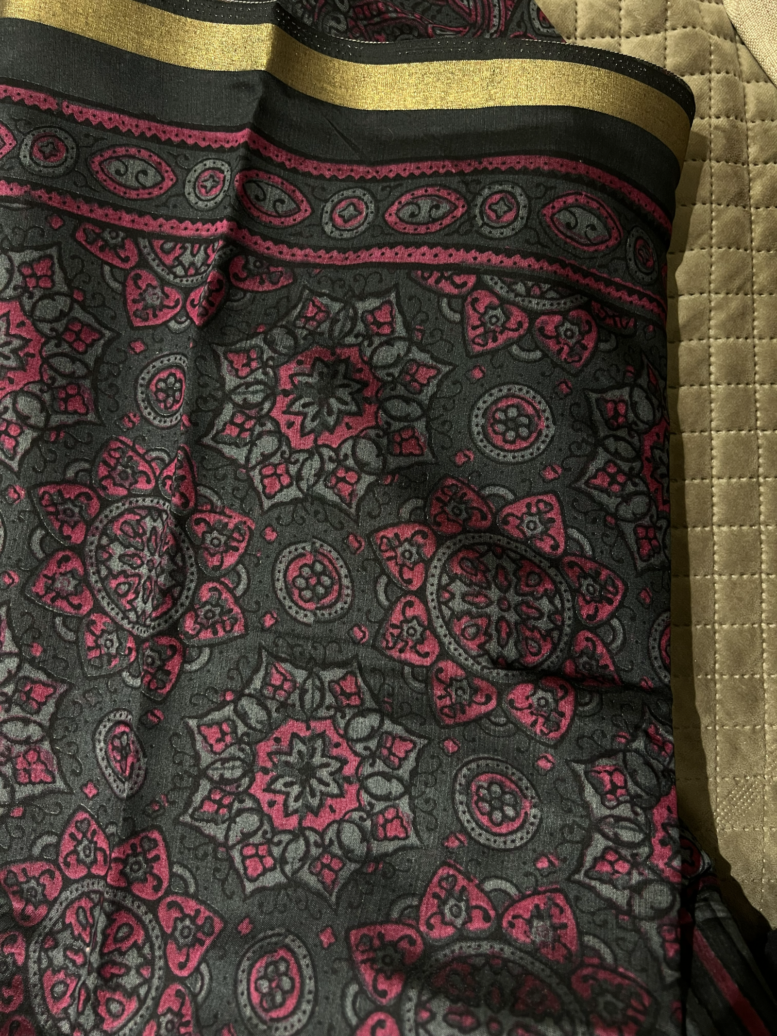 Midnight Black & Crimson Red Strip Ajrakh Kaju Silk Saree with Zari Border - Image 5