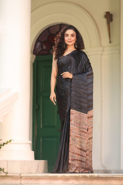 Black Solid Ajrakh Modal Silk Saree (with Tassels)
