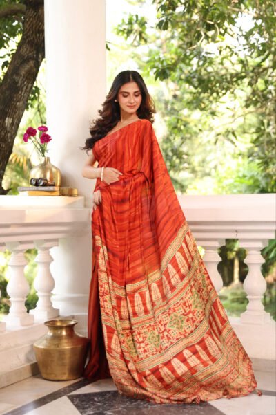 Rust Solid Ajrakh Modal Silk Saree (with Tassels)