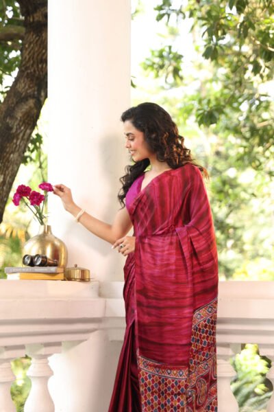 Pink Solid Ajrakh Modal Silk Saree (with Tassels)
