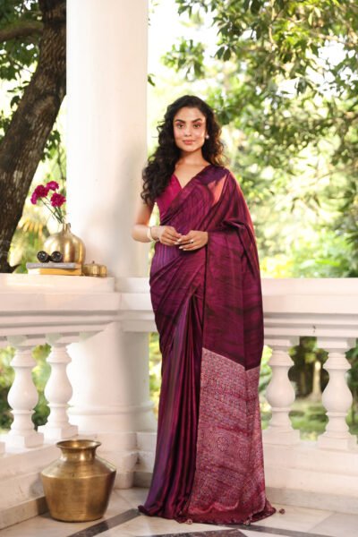 Wine Solid Ajrakh Modal Silk Saree (with Tassels)