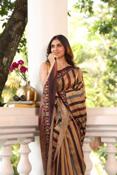 Beige Strips Ajrakh Silk Blend Saree (with Tassels)