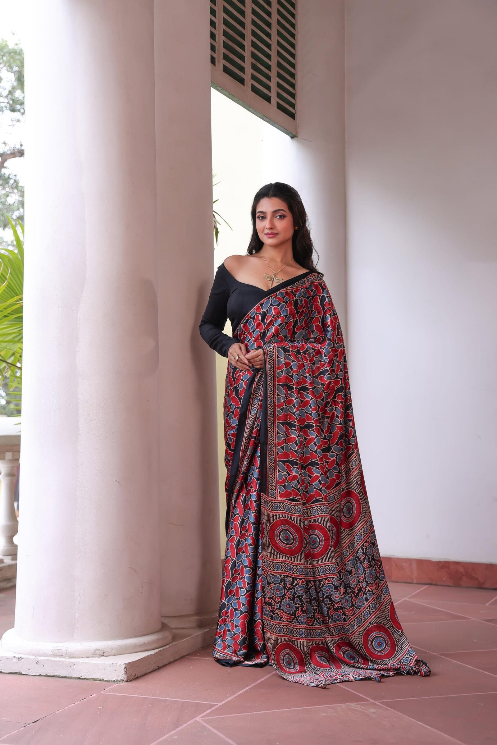 Red & Blue Ajrakh Modal Silk Saree (with Tassels) - Image 6
