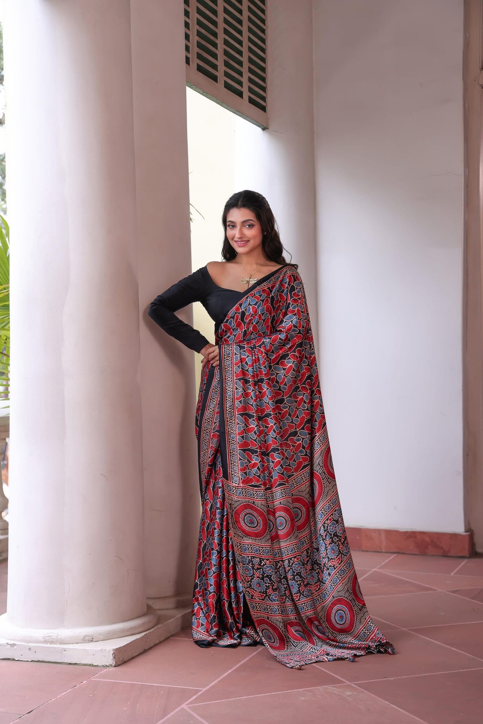 Red & Blue Ajrakh Modal Silk Saree (with Tassels) - Image 5