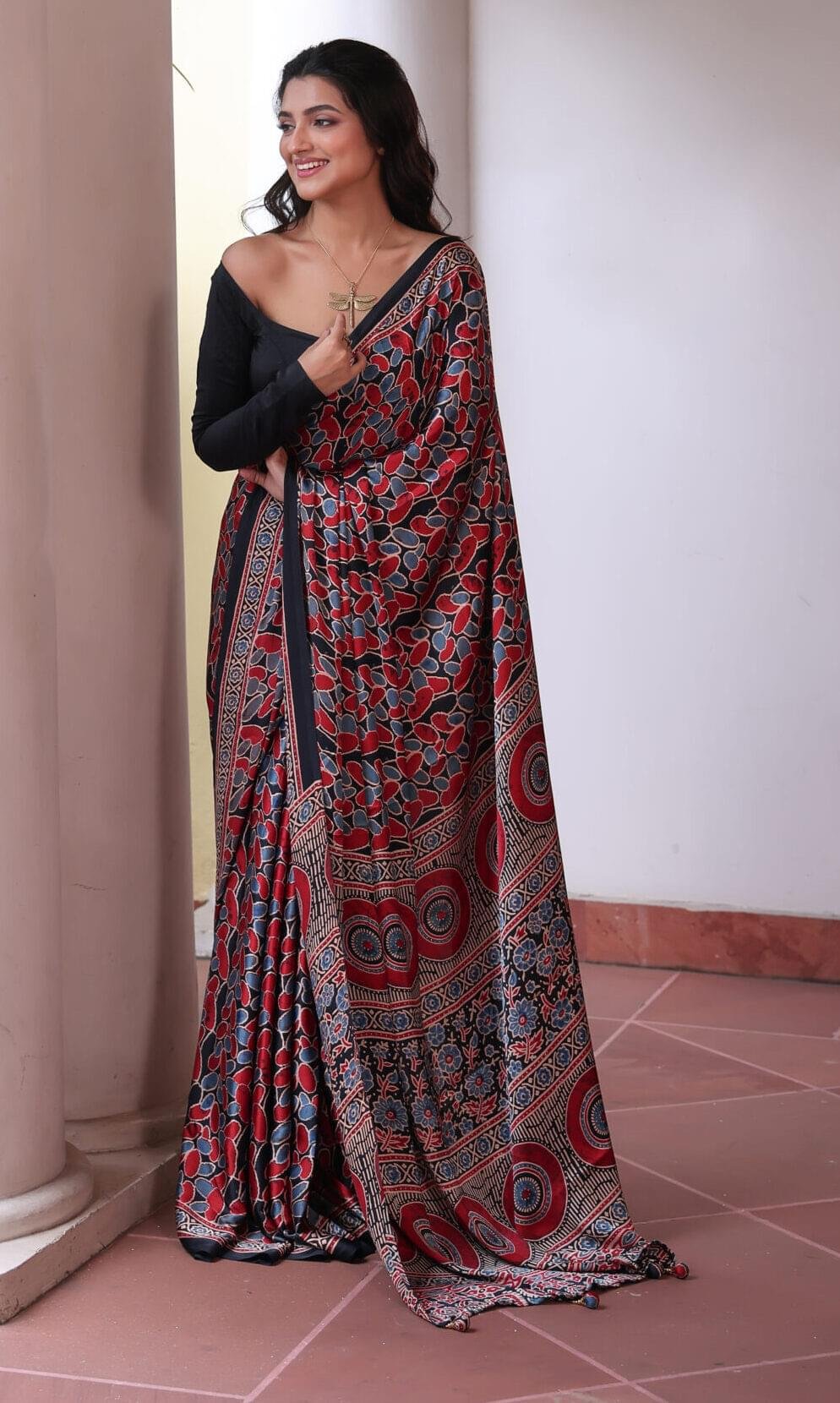 Red & Blue Ajrakh Modal Silk Saree (with Tassels)