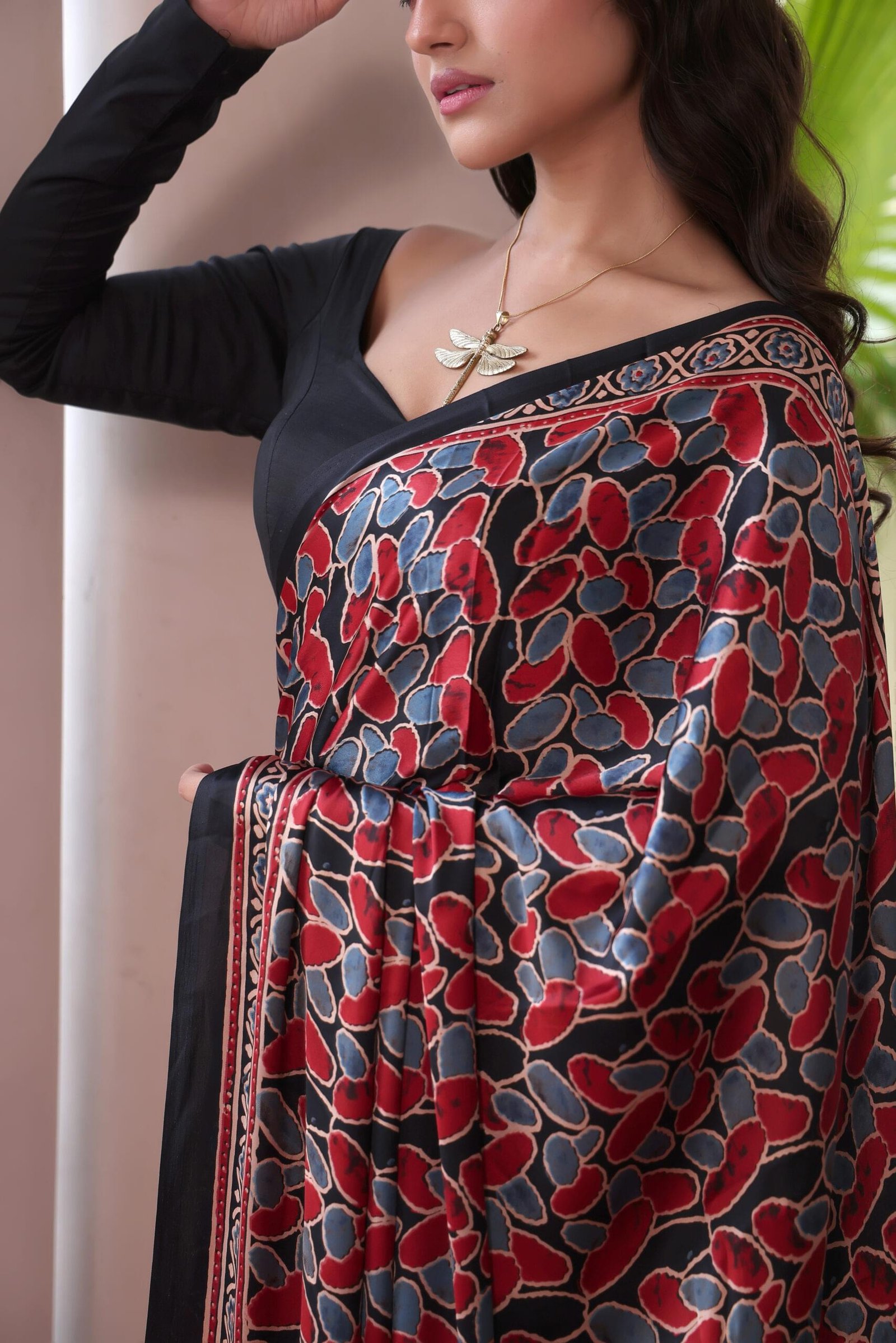 Red & Blue Ajrakh Modal Silk Saree (with Tassels) - Image 2