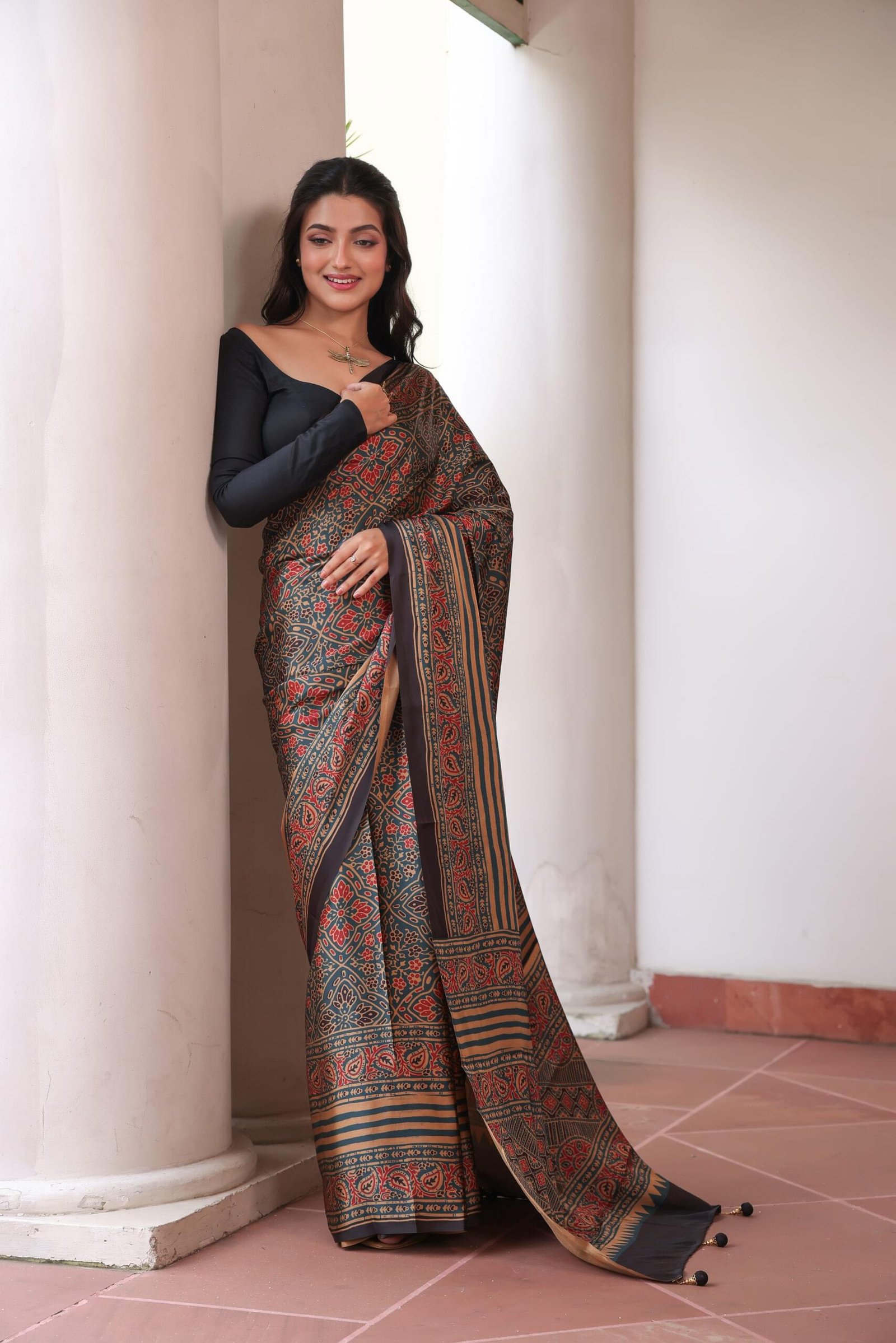 Blueish Green Ajrakh Silk Blend Saree (with Tassels) - Image 6