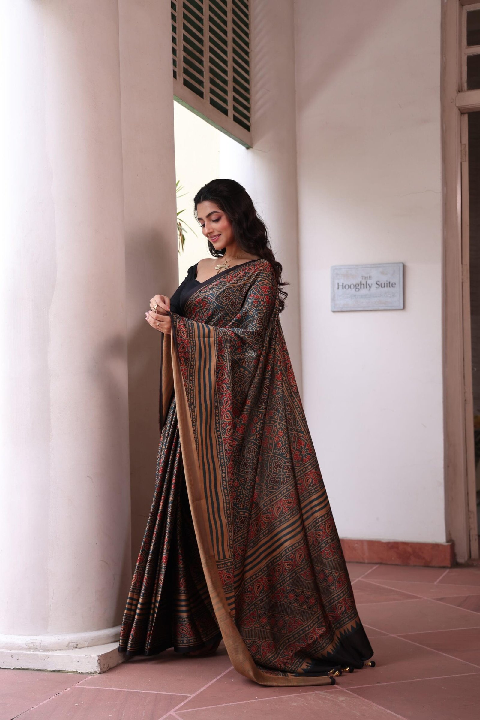 Blueish Green Ajrakh Silk Blend Saree (with Tassels) - Image 5