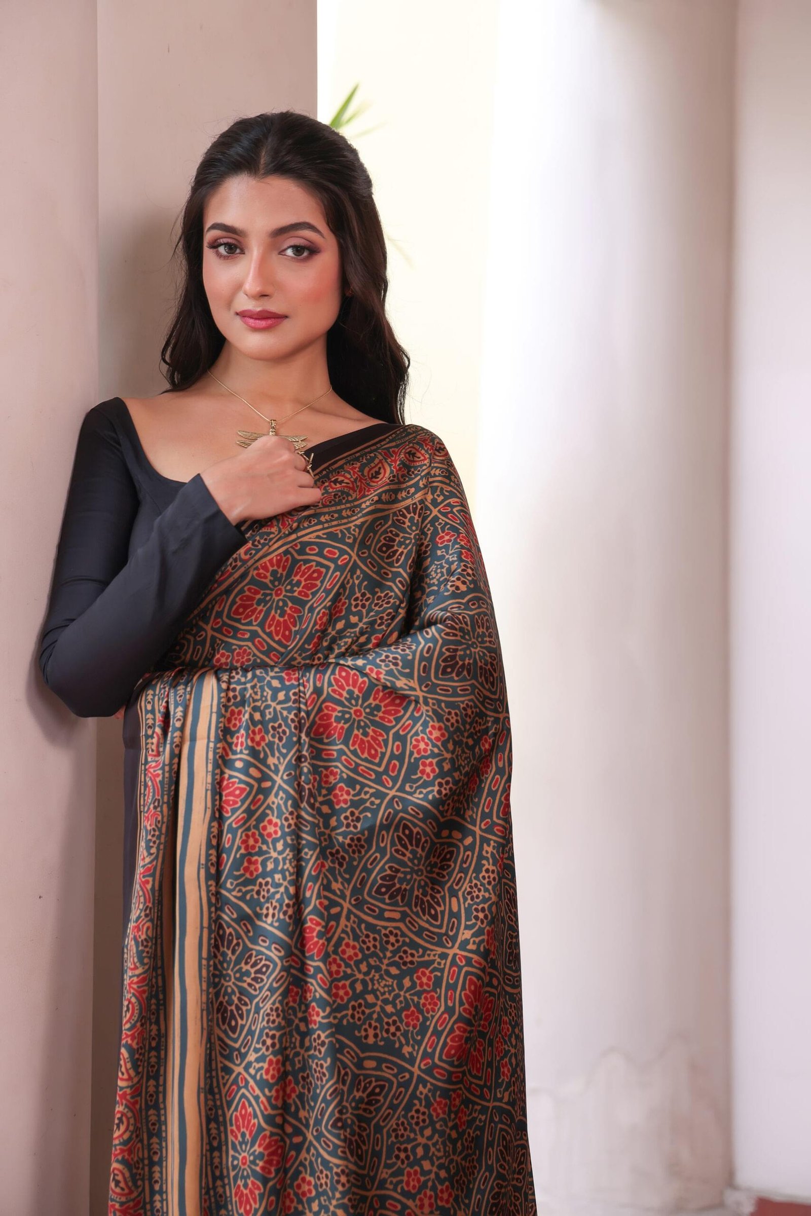 Blueish Green Ajrakh Silk Blend Saree (with Tassels)