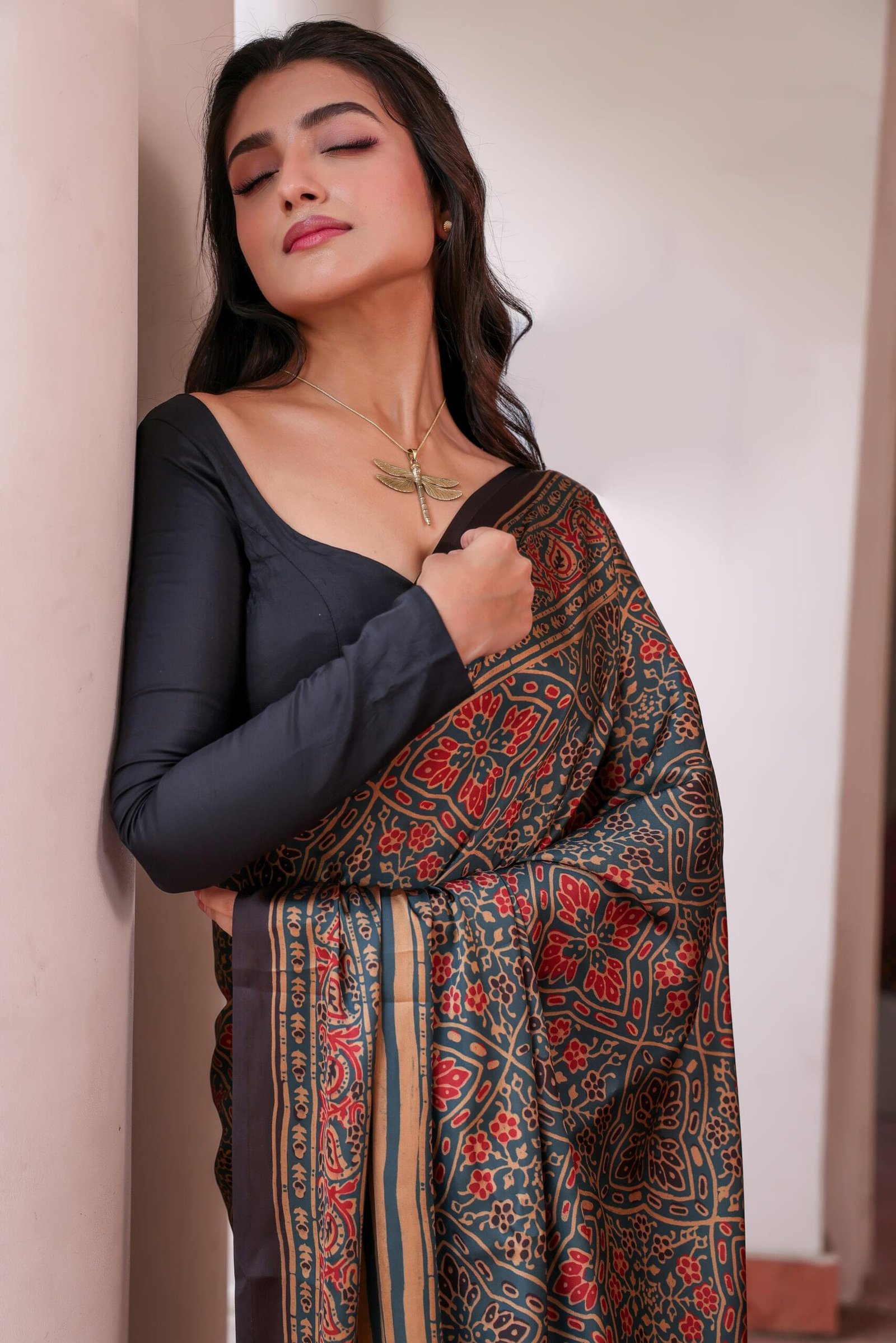 Blueish Green Ajrakh Silk Blend Saree (with Tassels) - Image 2