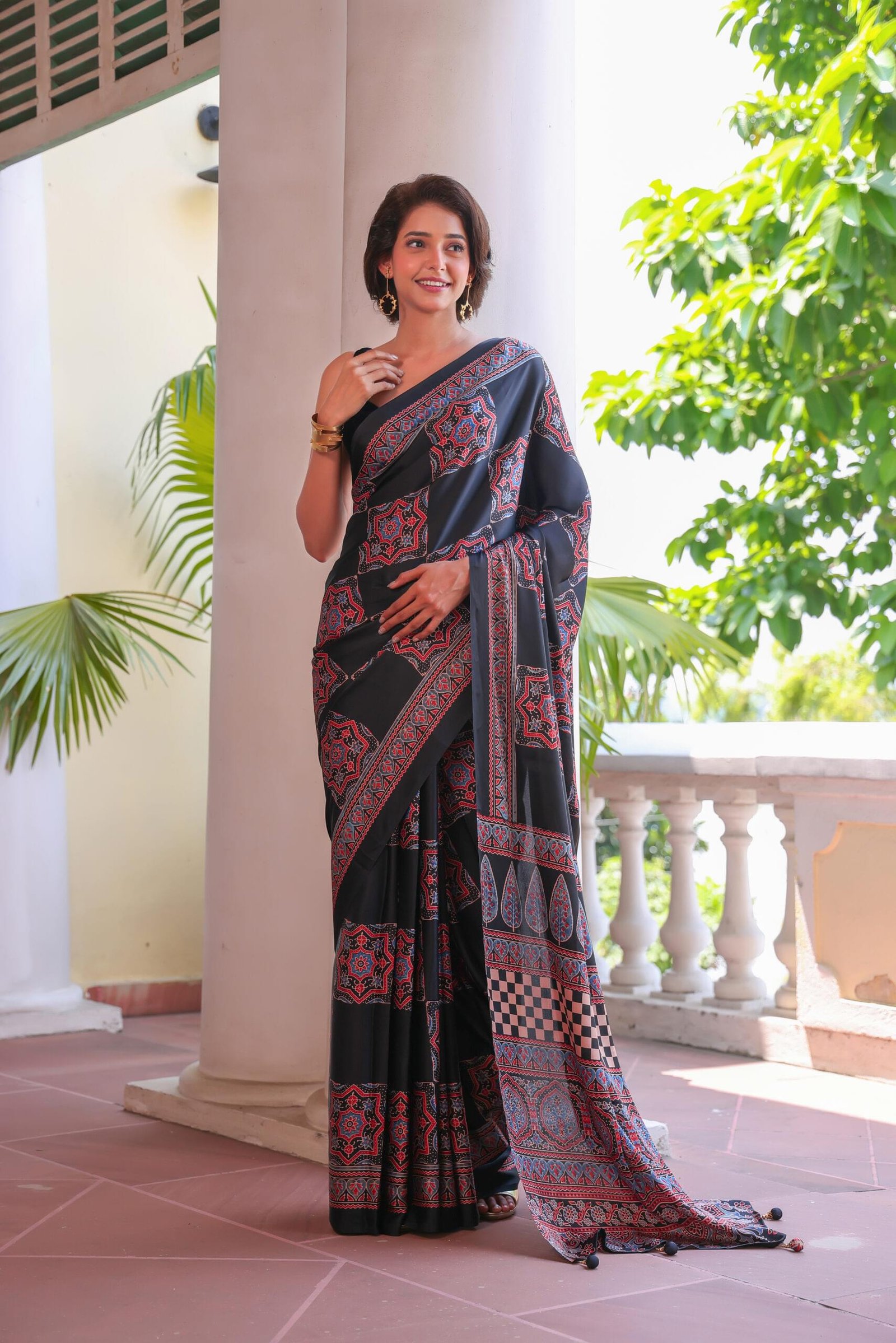 Red Black Squares Ajrakh Modal Silk Saree (with Tassels) - Image 6
