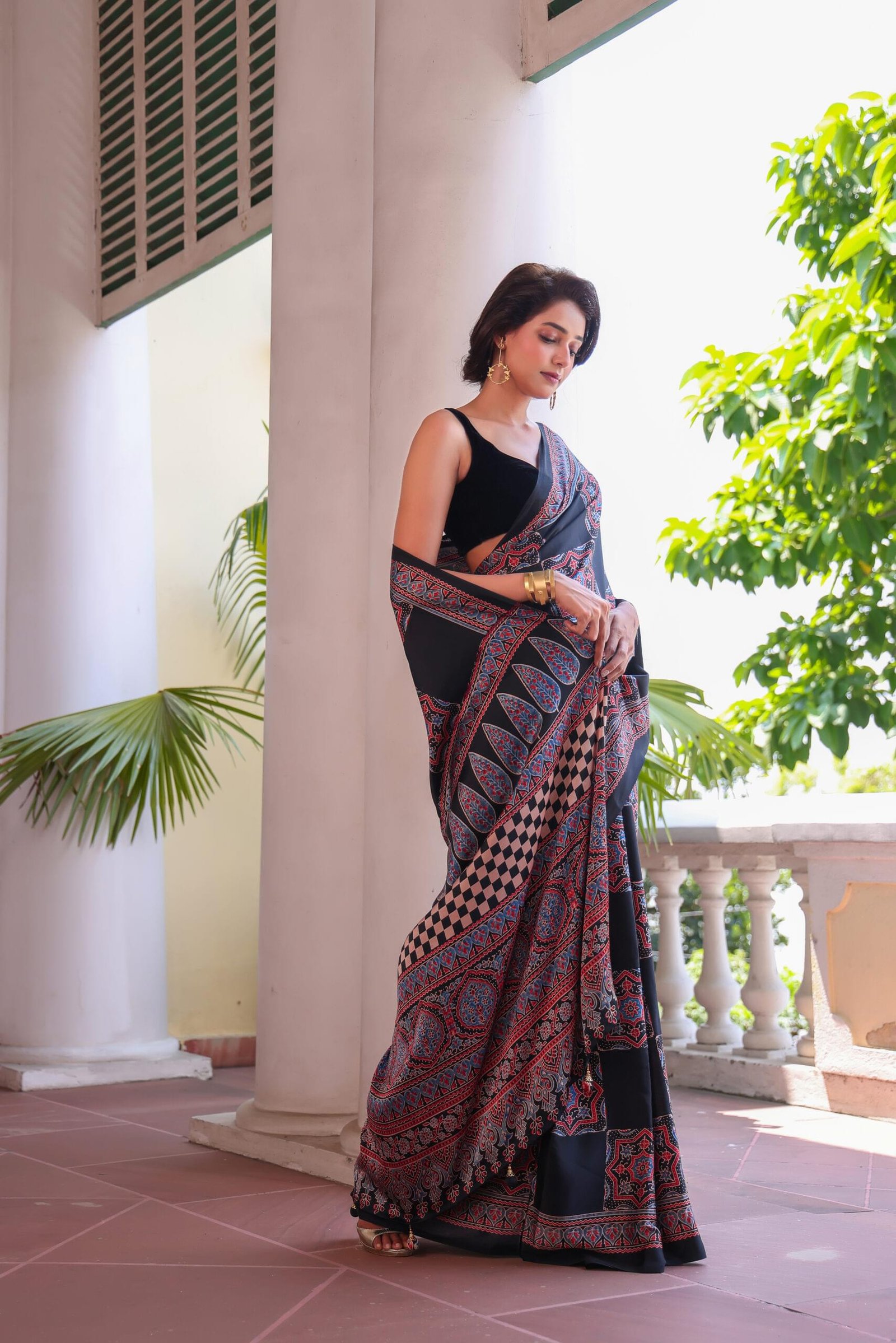 Red Black Squares Ajrakh Modal Silk Saree (with Tassels) - Image 5