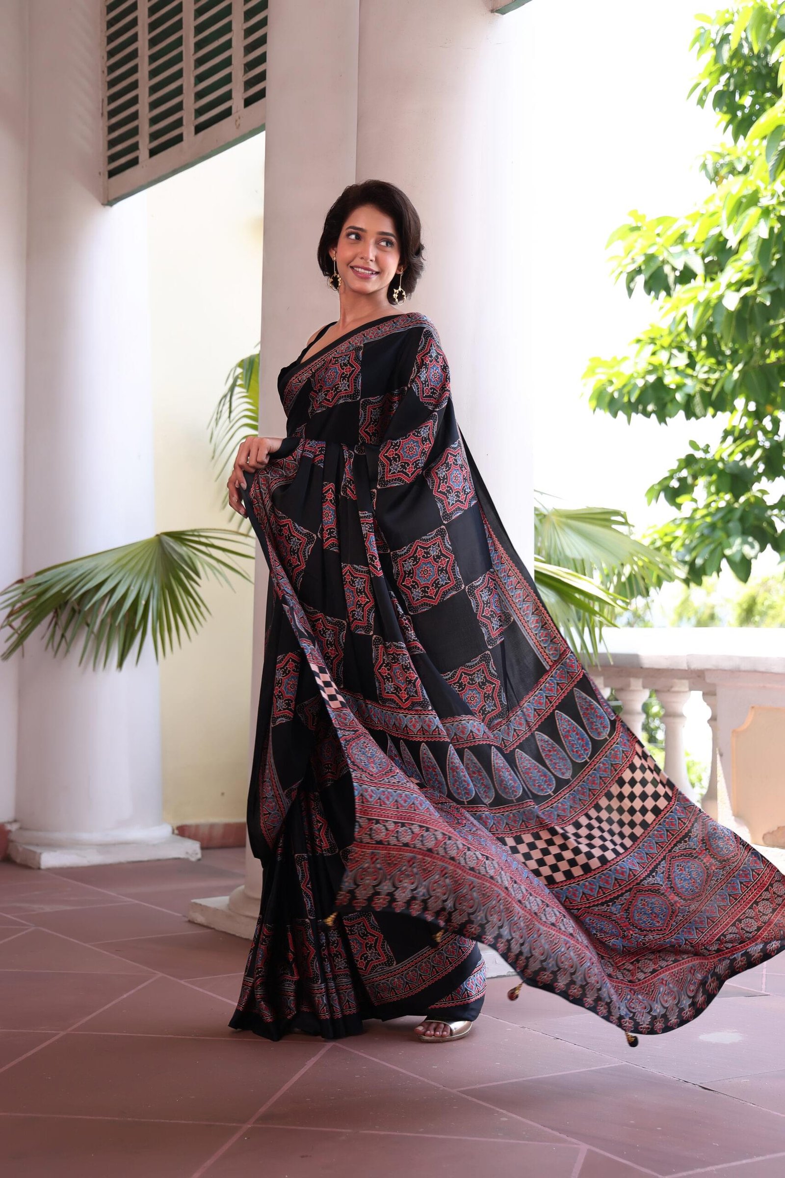 Red Black Squares Ajrakh Modal Silk Saree (with Tassels) - Image 4