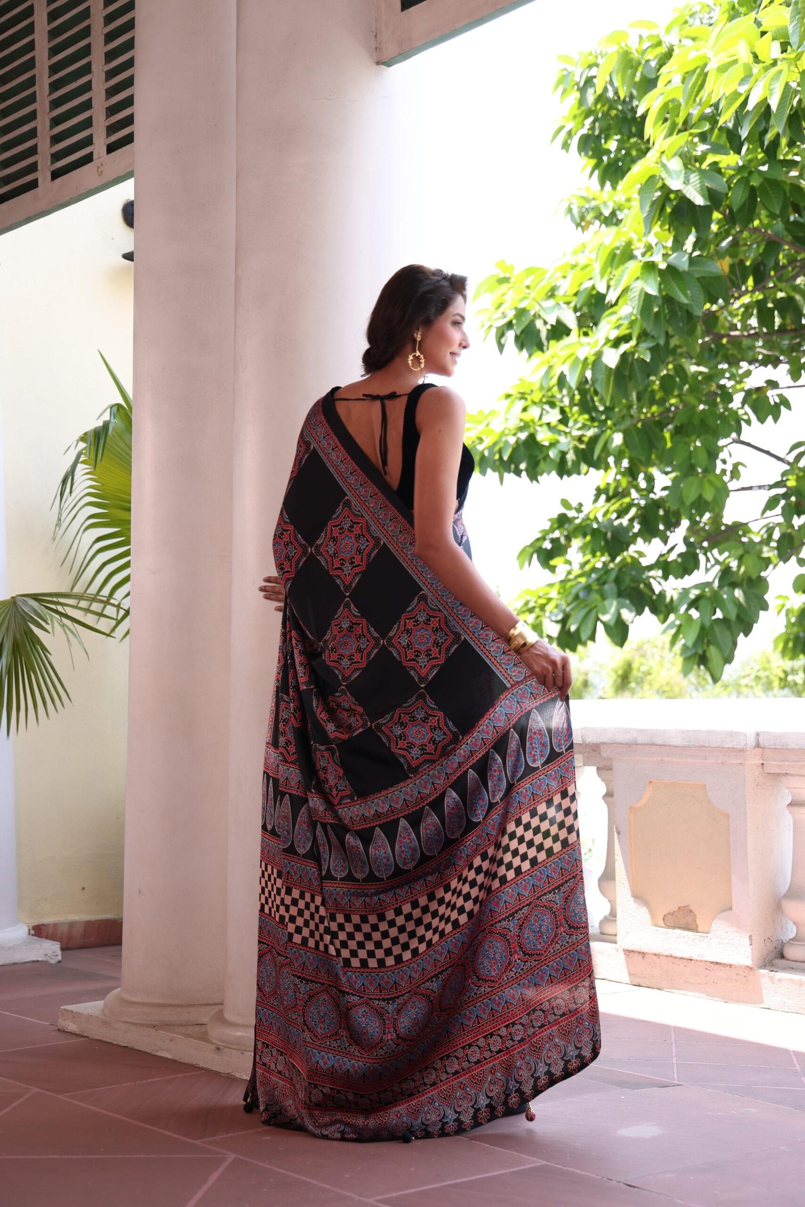 Red Black Squares Ajrakh Modal Silk Saree (with Tassels) - Image 3
