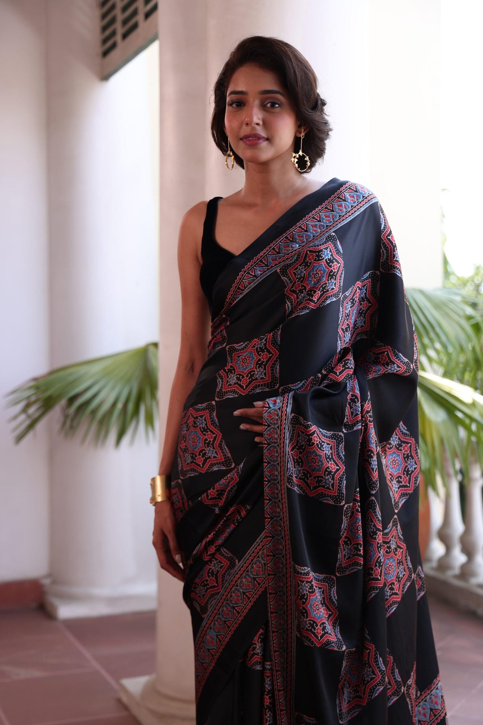 Red Black Squares Ajrakh Modal Silk Saree (with Tassels) - Image 2