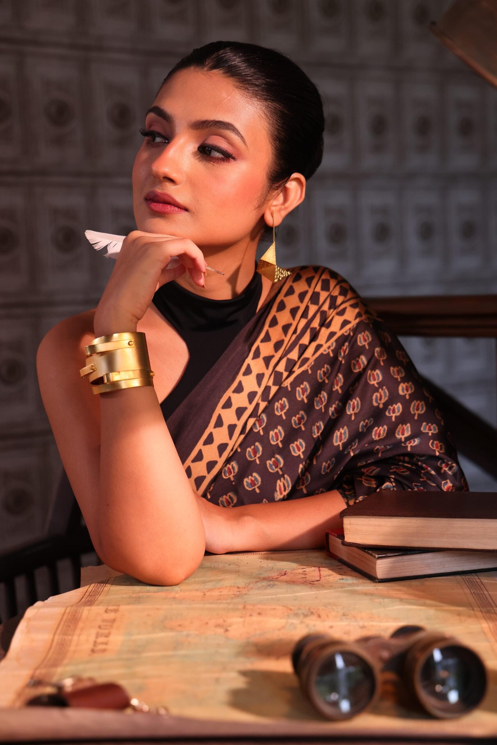 Black Lotus Ajarak Silk Blend Saree (with Tassels) - Image 3