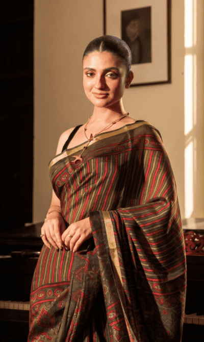 Earthy Green & Deep Red Strip Ajrakh Kaju Silk Saree with Zari Border