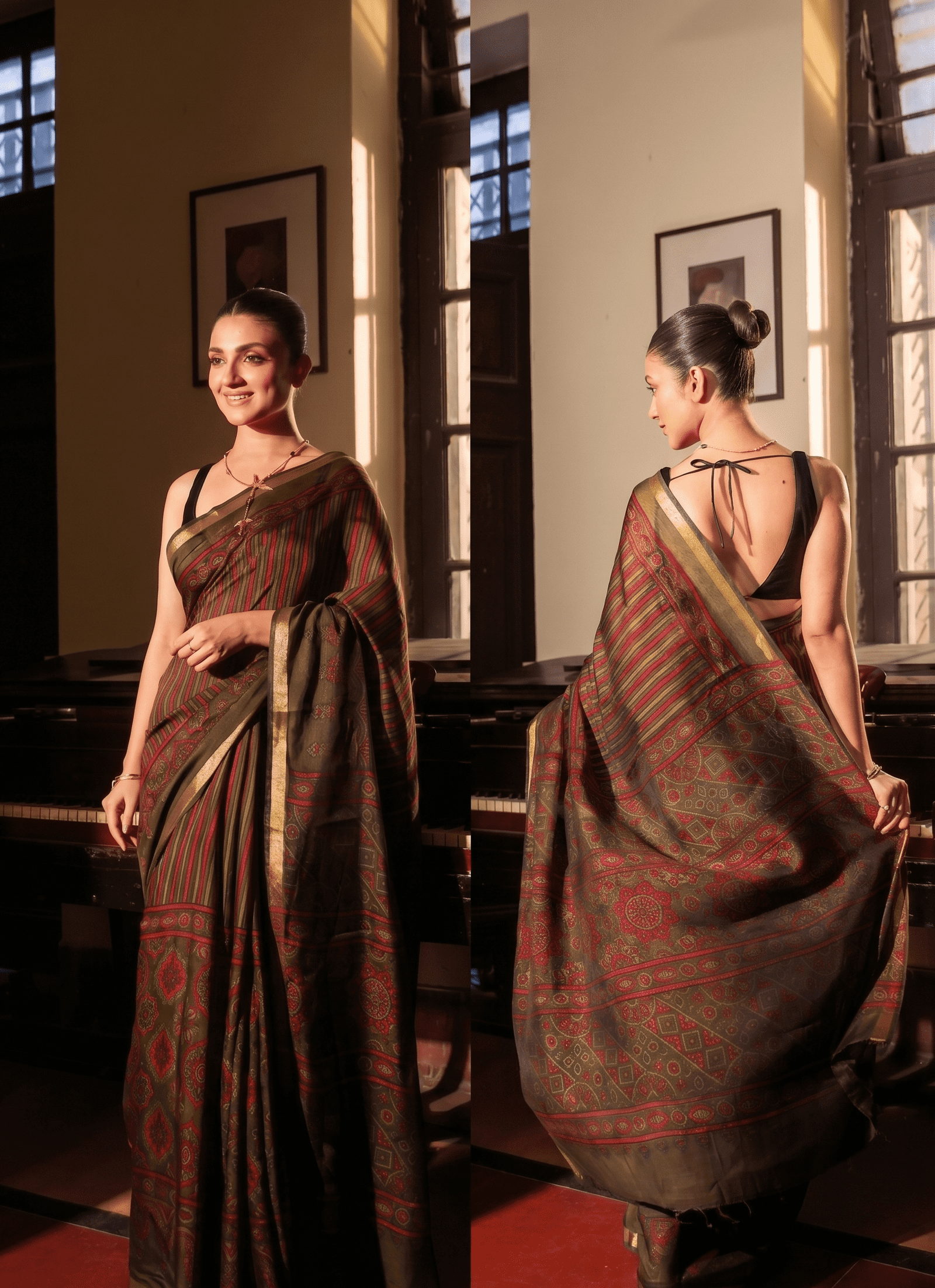 Earthy Green & Deep Red Strip Ajrakh Kaju Silk Saree with Zari Border - Image 2