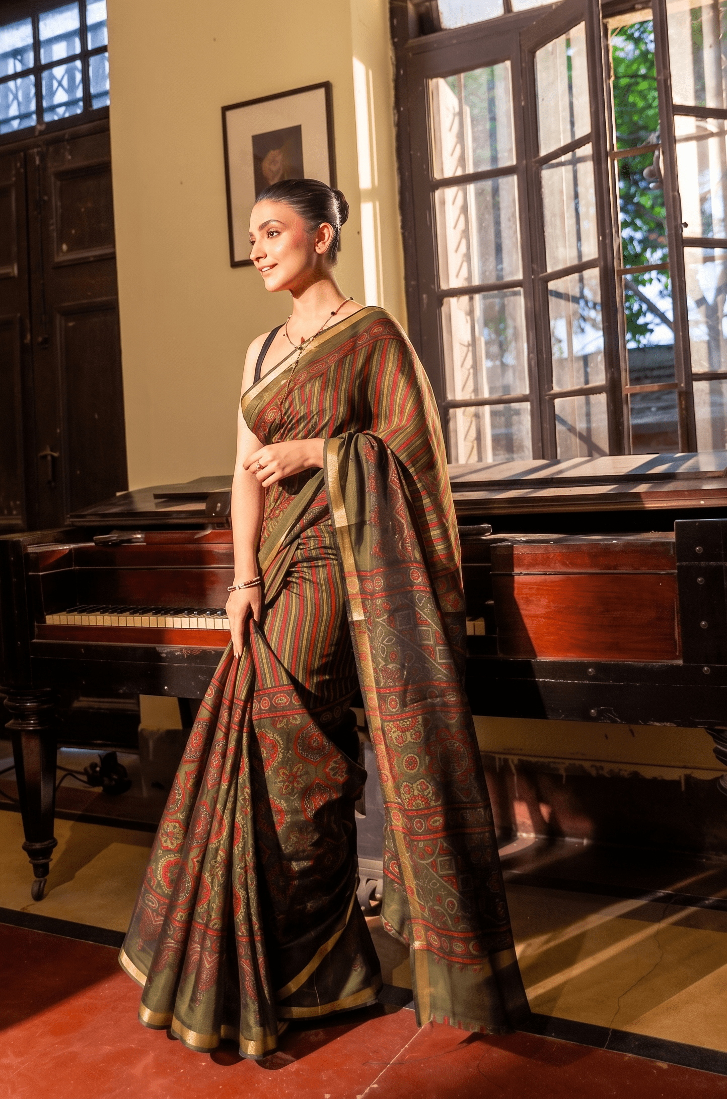Earthy Green & Deep Red Strip Ajrakh Kaju Silk Saree with Zari Border - Image 3
