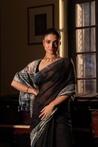Black linen saree with indigo ajrakh print